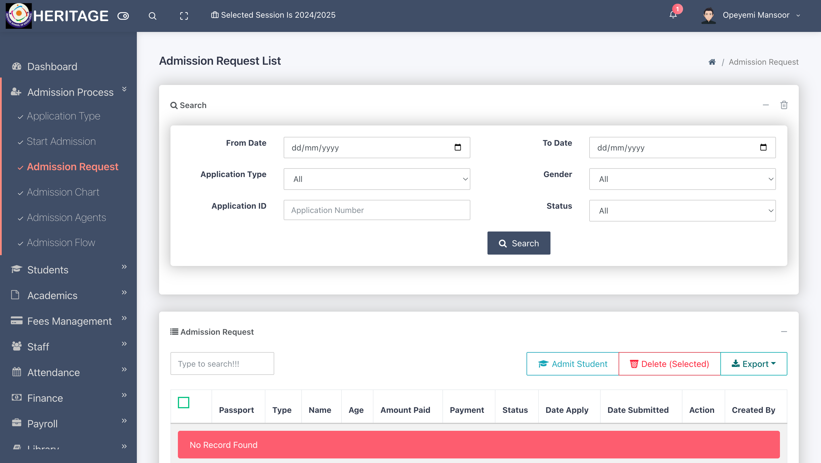 Admission Processing System screenshot